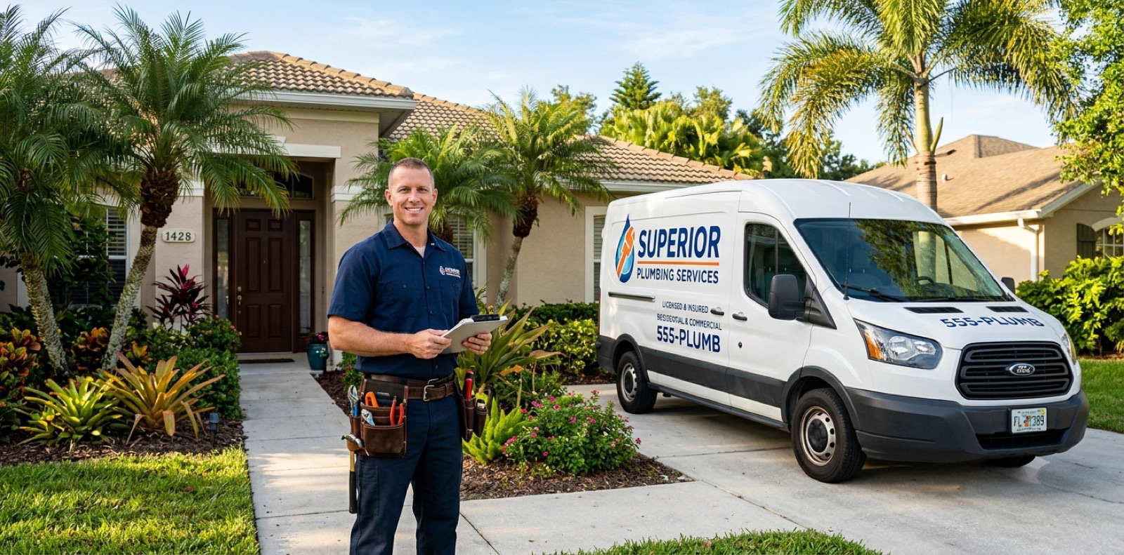 A smiling home-services technician with a tool belt standing in front of a service van in a Florida driveway